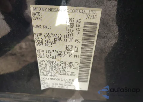 2016 Nissan Murano Platinum из США, поврежденный, VIN 5N1AZ2MH0GN155081